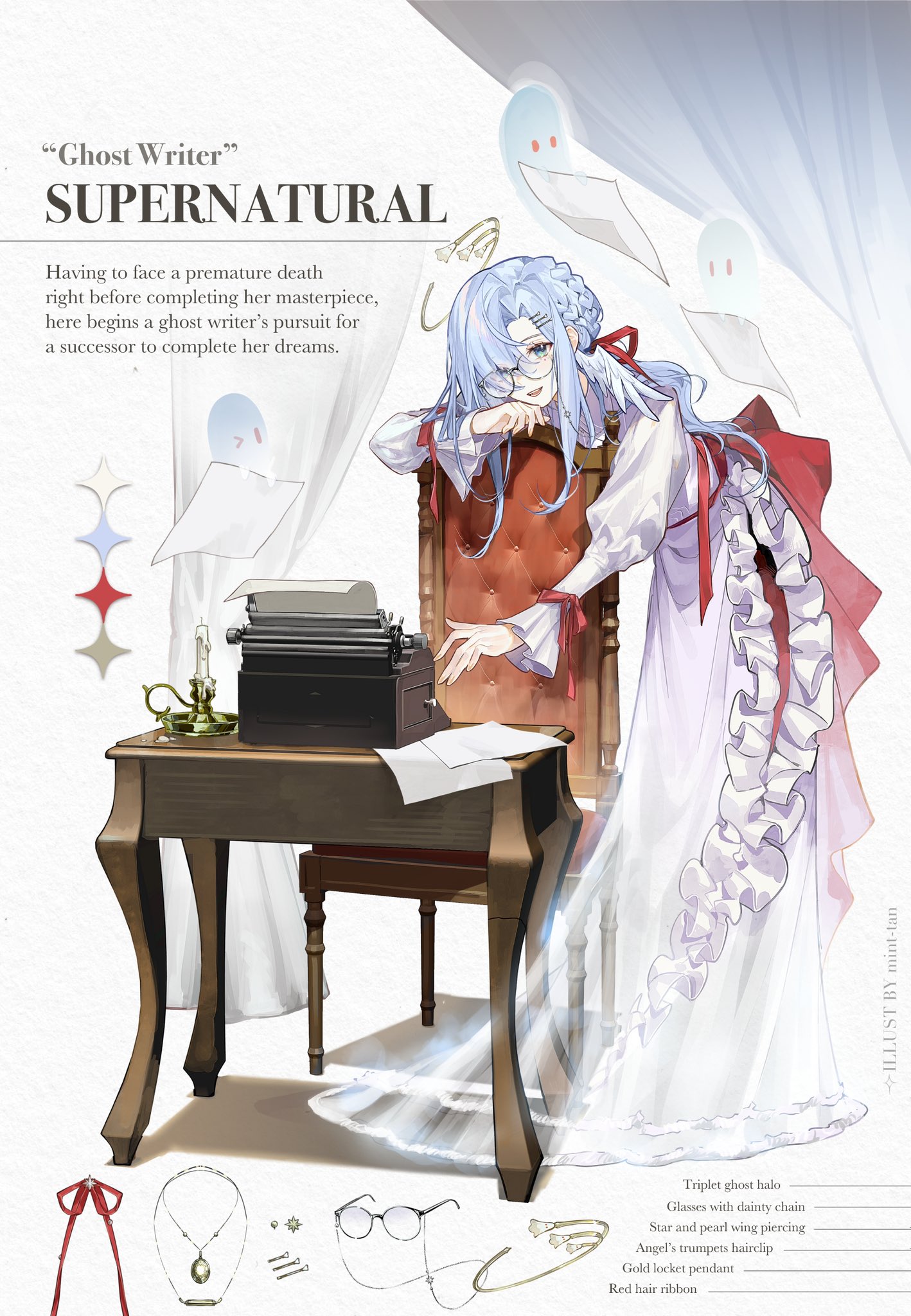 the image is a fantasy illustration of a ghost writer. she is a beautiful anime girl with long white hair, wearing a white dress with a red ribbon. she is sitting in a chair with a typewriter in front of her. she is surrounded by ghosts and other supernatural elements. the illustration is filled with details and symbolism.