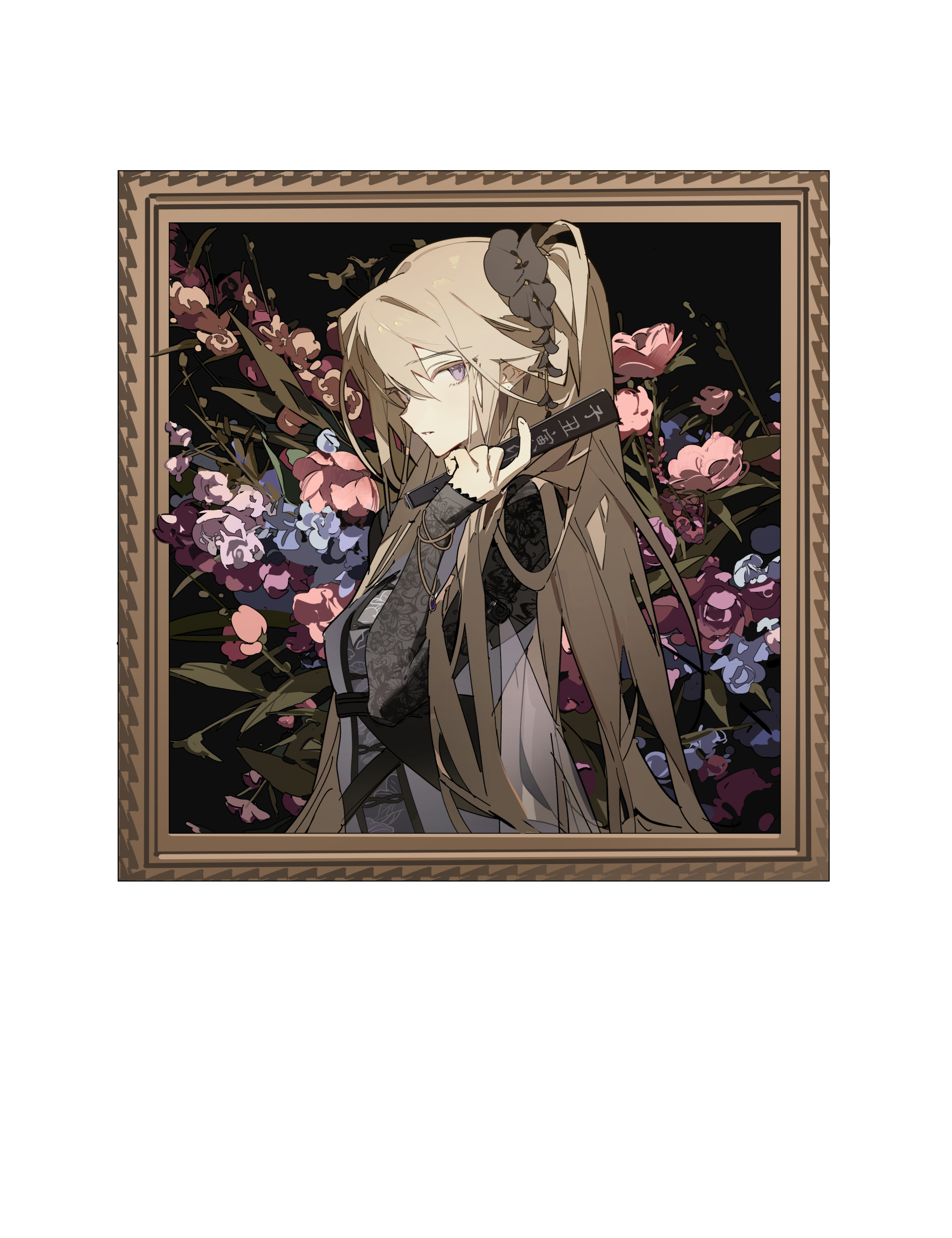 an anime girl with blonde hair is depicted in a framed portrait. she is wearing a black dress and has a black hairpin in her hair. she is holding a flute. the background is filled with flowers.