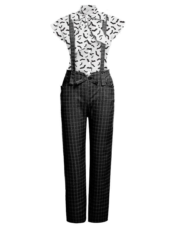 the image shows an outfit consisting of a shortsleeved blouse with a bat print and a bow tie, worn with plaid trousers and suspenders.