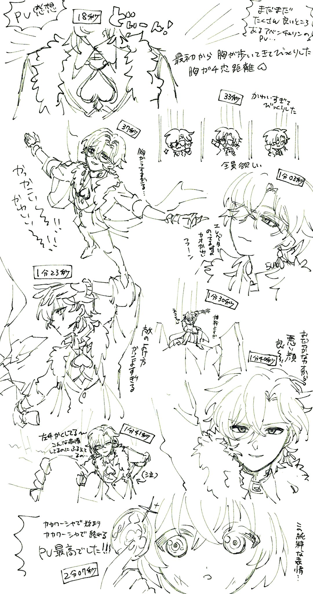 he image contains a collection of sketches and doodles, possibly concept art or storyboards for an anime or manga.  the drawings are primarily in black and white, featuring a number of characters in various poses and expressions.  many sketches show a character with spiky hair and a somewhat gothic or flamboyant style of clothing. there are also some smaller sketches of other characters, possibly representing different expressions or poses of the main character.  japanese text is interspersed throughout the image, likely notes or descriptions related to the characters and the artwork.  the style is loose and expressive, characteristic of concept art or early stages of character development.