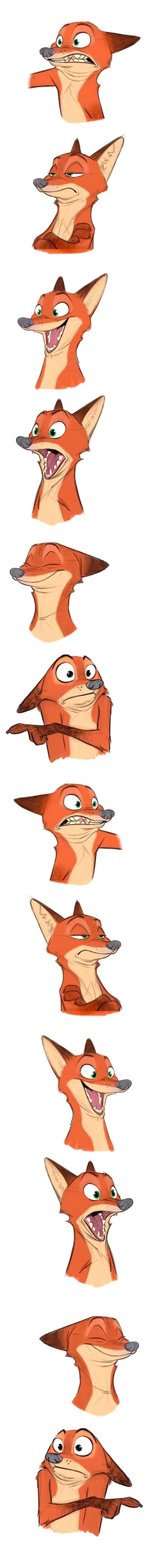 the image is a vertical arrangement of various headshots of nick wilde, the fox character from the disney movie zootopia. each image depicts a different facial expression, ranging from skeptical and angry to happy and sarcastic. the style is cartoonish with vivid colors.