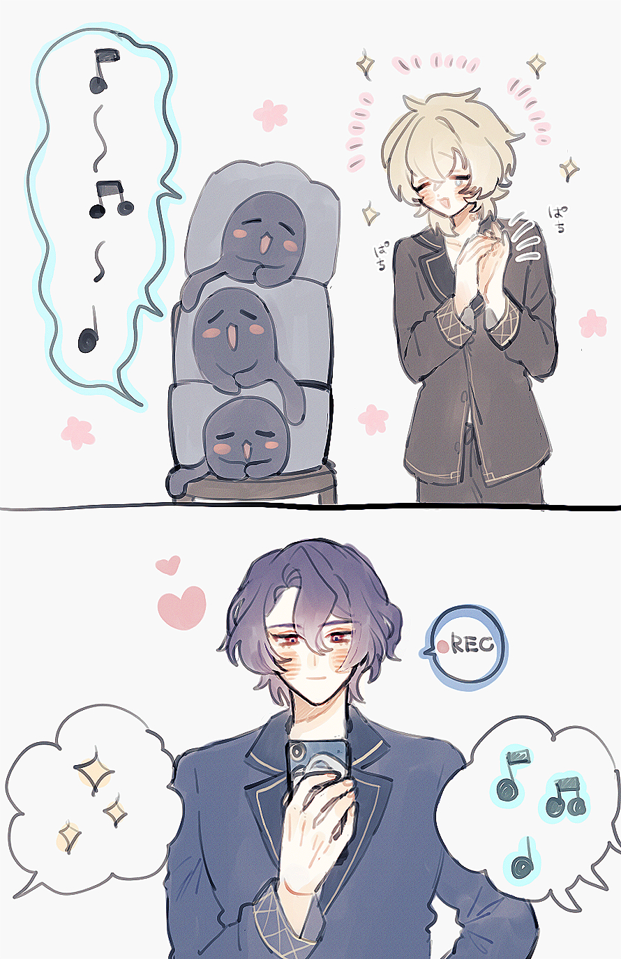 the image is a digital drawing or fanart featuring two animestyle boys. the top panel shows a blonde boy happily clapping his hands while three small, stacked, sleeping grey characters are near him, with music notes floating in the background, indicating musicrelated context. the bottom panel shows a purplehaired boy looking at his phone, possibly recording something, with music notes appearing in his thought bubble. the overall style is cute and soft, emphasizing the characters' emotions and the musical theme. the art is simple yet expressive, using light colors and clean lines.