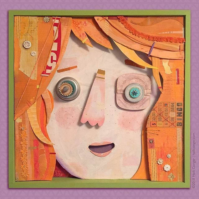 a square collagestyle portrait features a face constructed from various materials and textures. the face is offwhite with pink cheeks and an abstract nose. the left eye is a gearlike object, while the right is a square shape with a round, turquoise center. the mouth is a simple curved line. the hair is orange and made of paper, fabric, and decorative trim. a vintage bingo card is visible on the right side. the artwork is set within a green frame. the image is labeled with "@2018 holli conger | holliconger.com".