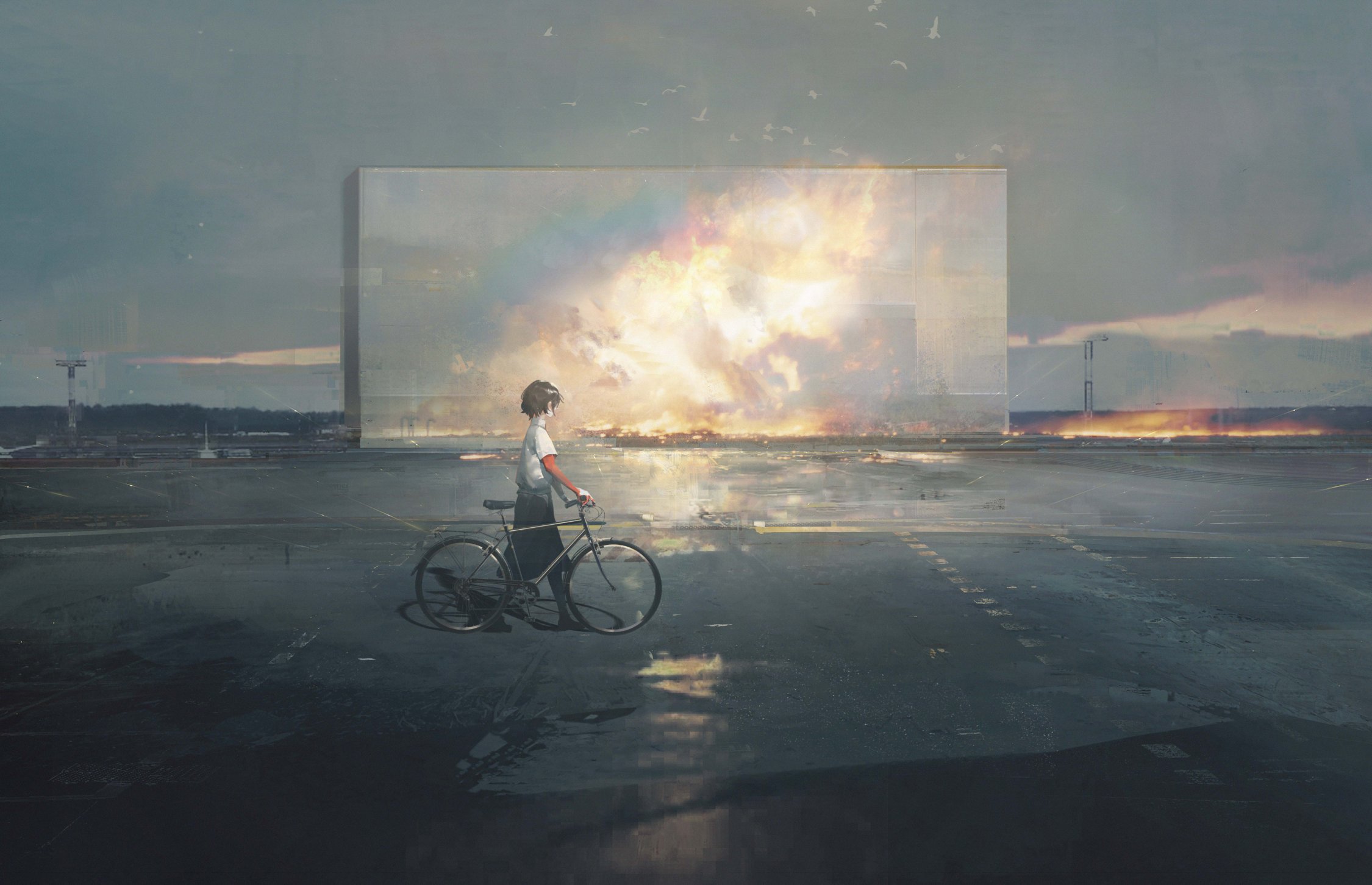 a young woman in a school uniform walks her bicycle across a deserted rooftop parking lot.  a large billboard behind her displays a vibrant, fiery explosion, contrasting with the subdued palette of the desolate city in the background. the scene suggests a postapocalyptic world where the billboard offers a glimpse of the destruction or perhaps a glimmer of hope amidst the ruins. the woman's back is turned to the viewer, adding to the sense of loneliness and isolation. the overall mood is somber and contemplative, hinting at themes of survival and resilience.