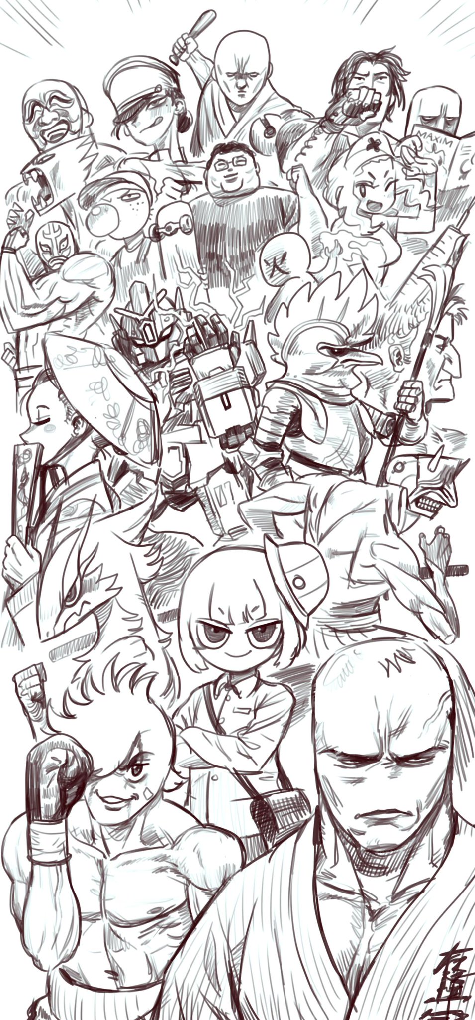 a black and white sketch of a group of anime characters in various poses, some are fighting, some are watching, all are dynamic and expressive. the characters have different styles and designs, some are wearing helmets, some are wearing more modern clothes. there are a variety of interesting details in the sketch, including a robotic creature, a figure with a fist clenched and many others.  the drawing is done in a detailed manga style and has a high level of detail.