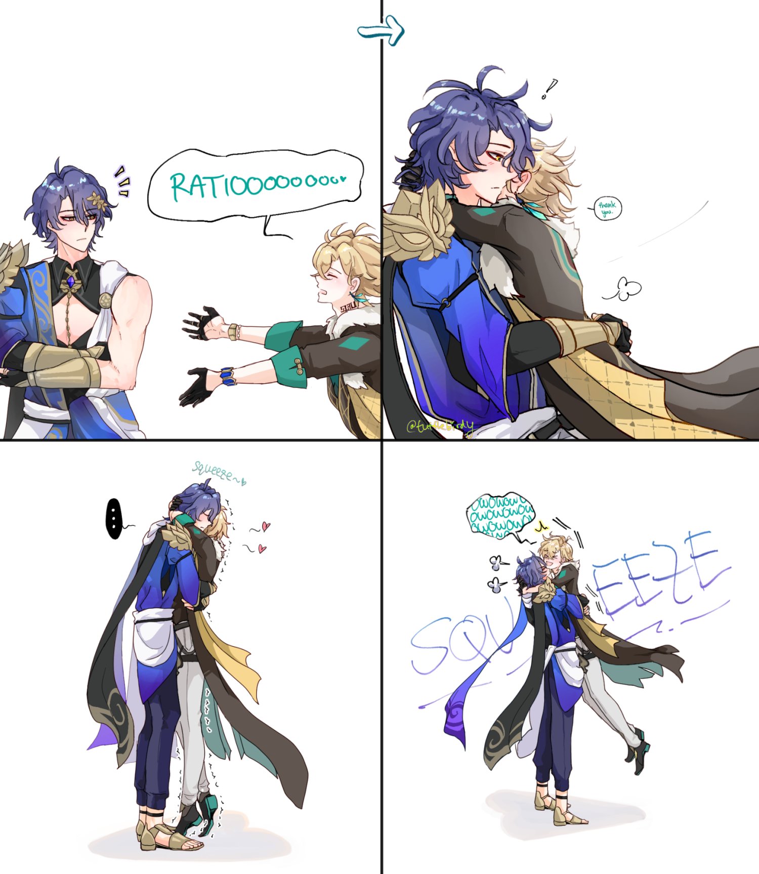his is a fourpanel comic strip featuring fanart of kaeya and albedo from the video game genshin impact.  the comic depicts a humorous sequence of events starting with albedo attempting to "ratio" kaeya, who then responds with a hug, transitioning into a series of increasingly tighter embraces. each panel features text bubbles expressing their actions and feelings, such as "ratio," "squeeze," and "sneeze."  the art style is colorful and animeinspired, with dynamic poses and expressive character designs. the overall tone is lighthearted and affectionate.
