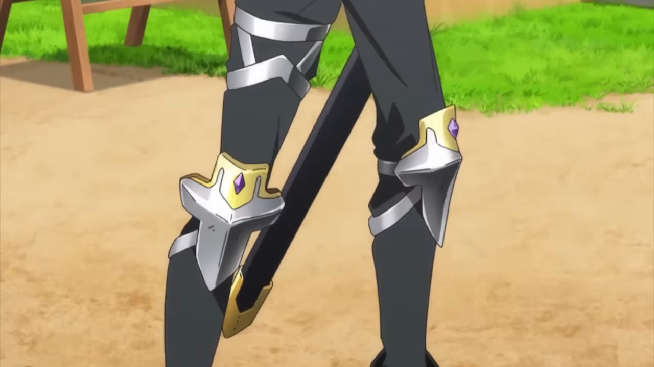 a closeup shot of an anime character's legs. they're wearing black pants, black shoes, and silver and gold armor with purple gemstones on their shins. they're also holding a sword in their right hand. the background is a grassy area with a wooden table in the left corner.