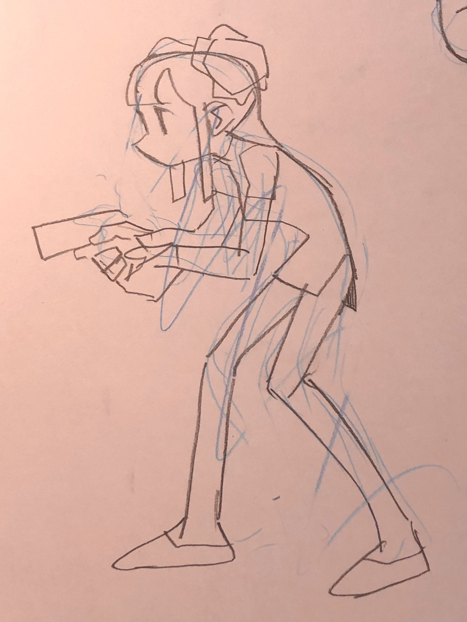 this is a loose sketch of a person holding a rectangular object, likely a phone, in their left hand. it appears to be a character design due to the exaggerated features and stylized approach.  the artist has used both blue and black pen, likely for construction lines and final lines respectively.  the style leans towards cartoon or comic art.
