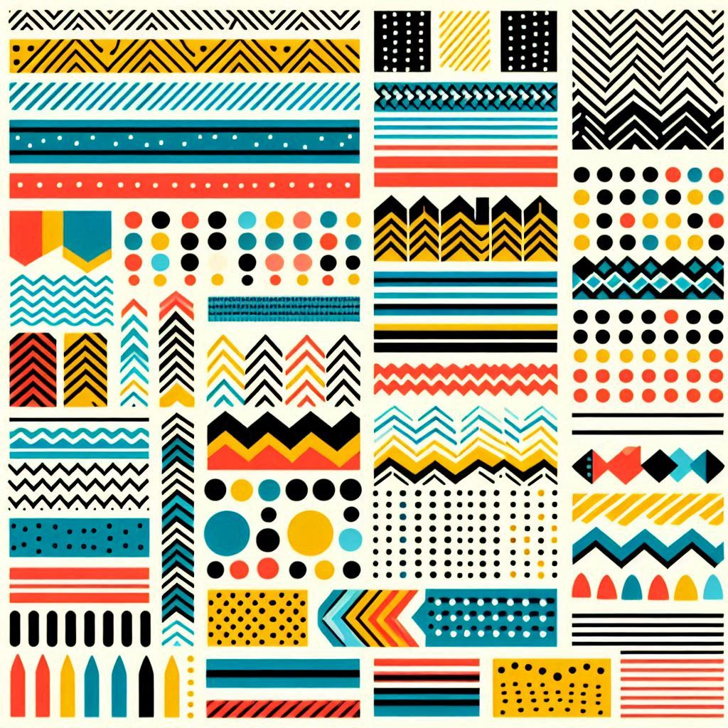 the image displays a vibrant and diverse collection of geometric design elements. set against a pale yellow background, various patterns and shapes in a palette of teal, coral, mustard yellow, black, and white are arranged in a grid. the elements range from simple stripes and dots to more elaborate chevrons, arrows, and abstract compositions. the collection offers a toolkit for creating eyecatching borders, dividers, and other graphic design elements with a modern and playful aesthetic.