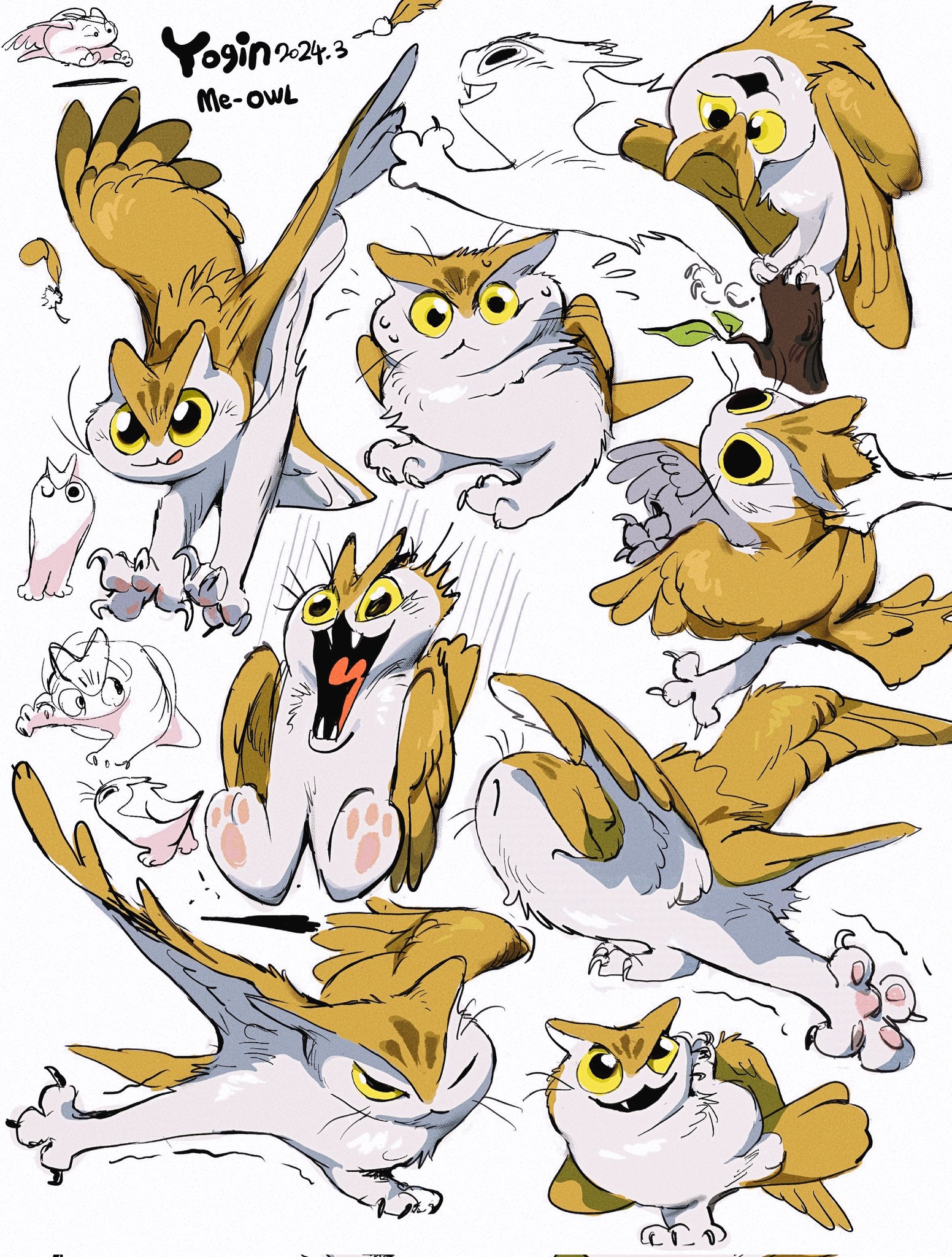 this image is a collection of character design sketches depicting a creature called "meowl,"  a hybrid of a cat and an owl. the creature has a cat's face and body with owllike wings, feet, and eyes. the sketches capture a range of poses and expressions, showcasing the creature's playful and energetic personality.
