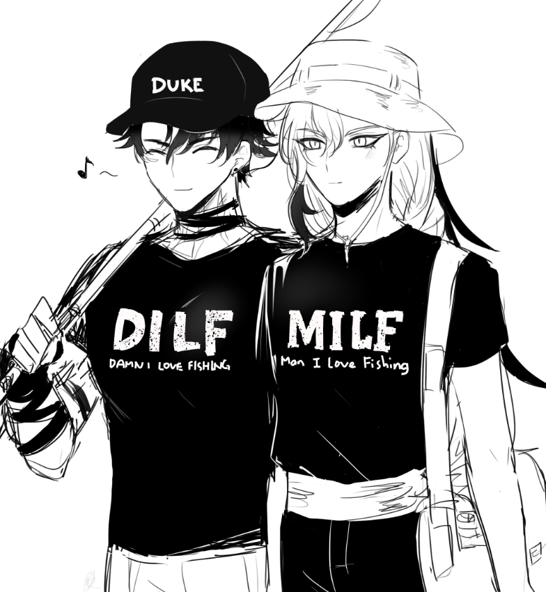 an illustration of two male anime characters, one with a black baseball cap and sunglasses, the other