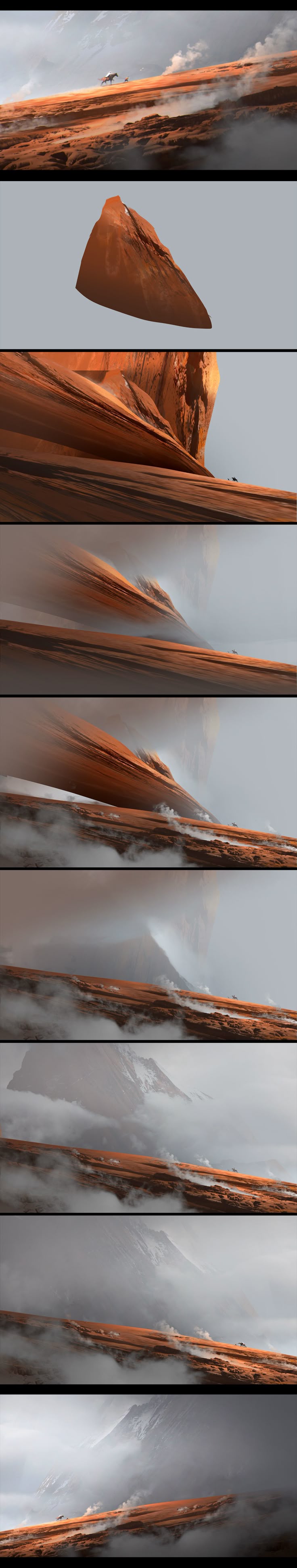 the image depicts a series of stacked photographs, each capturing a desert landscape with prominent rock formations, canyons, and atmospheric conditions. the colors are warm, dominated by orange and brown sandstone, contrasted by the cool gray of the sky, clouds, and fog. the rock formations exhibit unique shapes and textures, sculpted by erosion. the presence of clouds and fog adds a sense of depth and mystery to the scene.