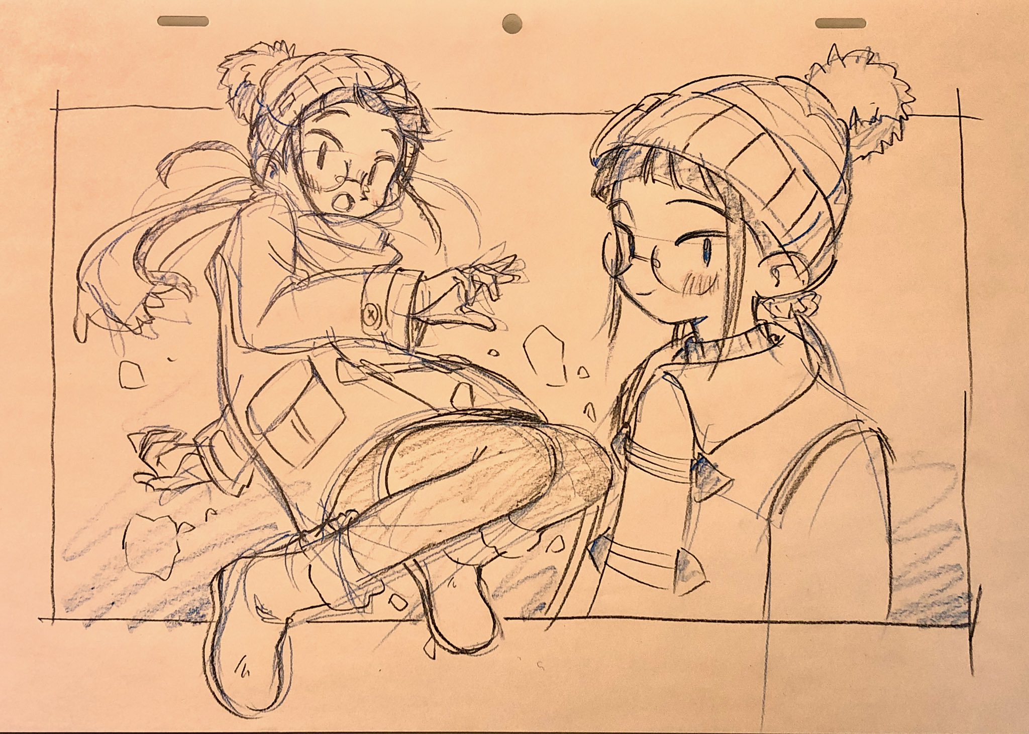 a black and white sketch of two girls playing in the snow. one girl is falling backward into the snow, while the other girl watches on with a smile. both girls are wearing winter clothes  beanies, coats, and scarves. the background is blank and there are some animator's notes visible at the top and bottom of the page.