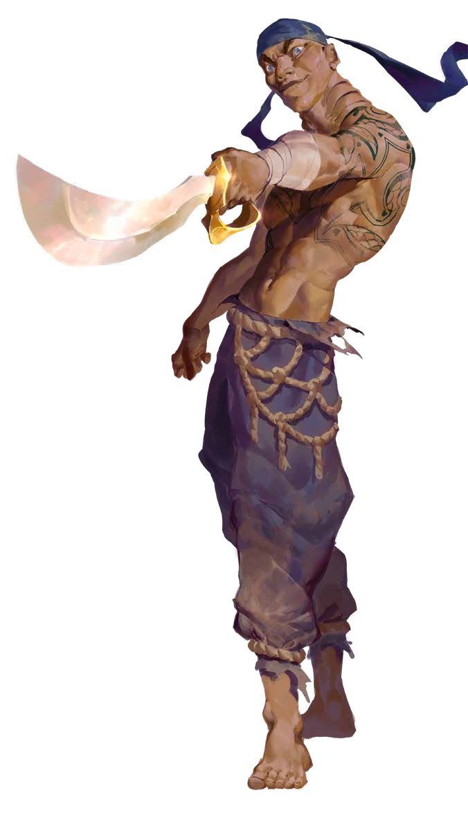 the illustration depicts a muscular, barefoot male warrior with tribal tattoos on his arms and torso. he wears a dark purple, loosefitting garment secured at the waist with a rope belt.  a blue bandana is wrapped around his head. his intense gaze is fixed forward as he holds a glowing, curved scimitar in his right hand. the overall style is fantasythemed, with a focus on dynamic action and character detail. the background is pure white, isolating the figure and making him the focal point. the art style suggests concept art or an illustration for a fantasy game, book, or film.