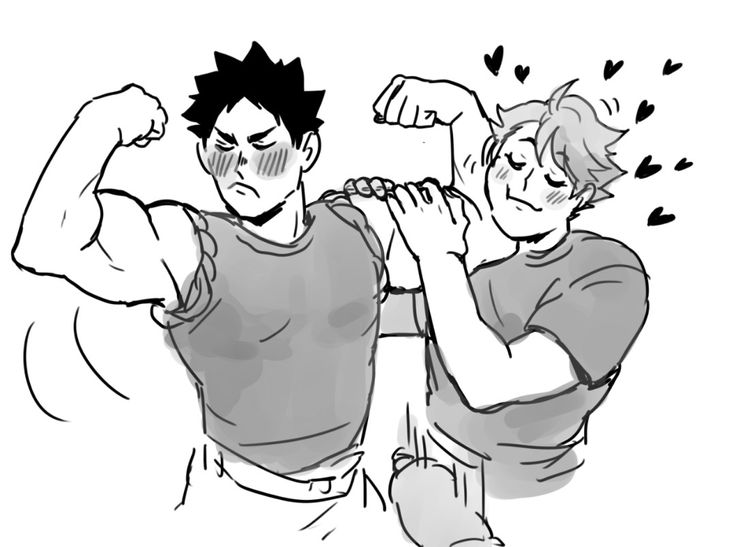 the image is a grayscale, handdrawn illustration in the style of anime or manga. it depicts two young men, possibly characters from a boys' love (bl) or yaoi story. one man, with spiky dark hair, is flexing his biceps, displaying his muscular physique. the other man, with lighter hair, is affectionately touching the first man's arm and shoulder, seemingly admiring his strength.  small hearts surround the second man, indicating romantic feelings. the drawing style is loose and sketchy, suggesting a quick and informal piece of fanart. the characters are dressed casually in simple tshirts and appear to be comfortable and close.