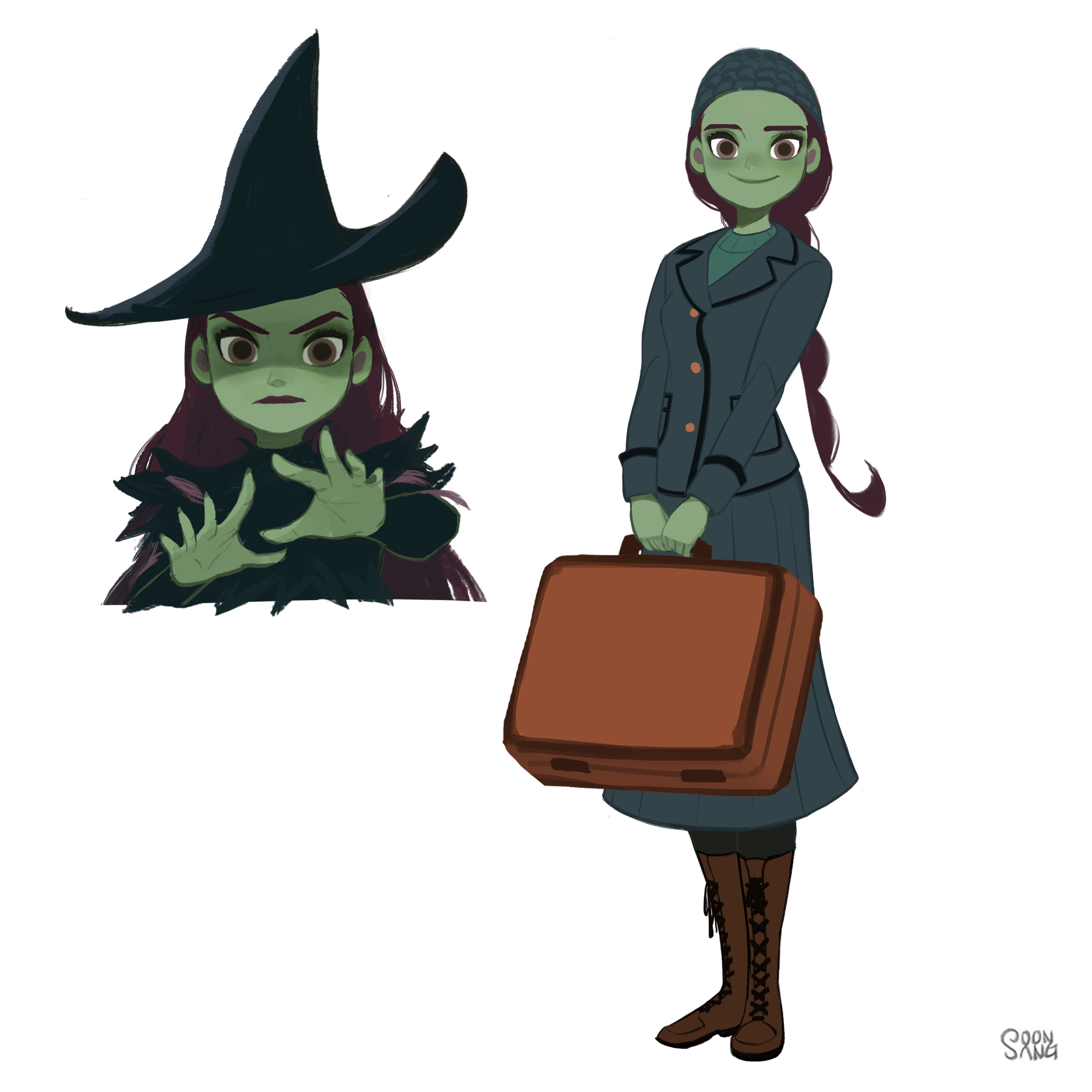 the image shows two depictions of the same female character. on the left, she appears as a classic witch, with green skin, a pointed hat, and a menacing expression. she is casting a spell with her hands outstretched. on the right, the same character appears in a more mundane form, with normal skin tone and a vintage travel outfit. she holds a brown suitcase and stands politely, suggesting she is about to embark on a journey.  the contrast between the two forms hints at a hidden identity or a transformation.