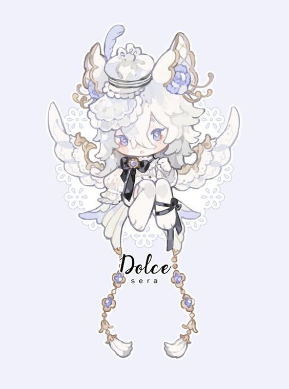 this is a digital illustration of a cute, chibistyle character with angelic motifs. the character has white hair with blue eyes, adorned with a white and blue headdress. they wear a white dress with lace and ribbon details and have large feathery wings. the overall aesthetic is delicate and ethereal, emphasizing light colors and soft lines.  the background is a solid pale lavender. the name "dolce sera" is written beneath the figure, strung between elements that resemble jeweled rosaries.