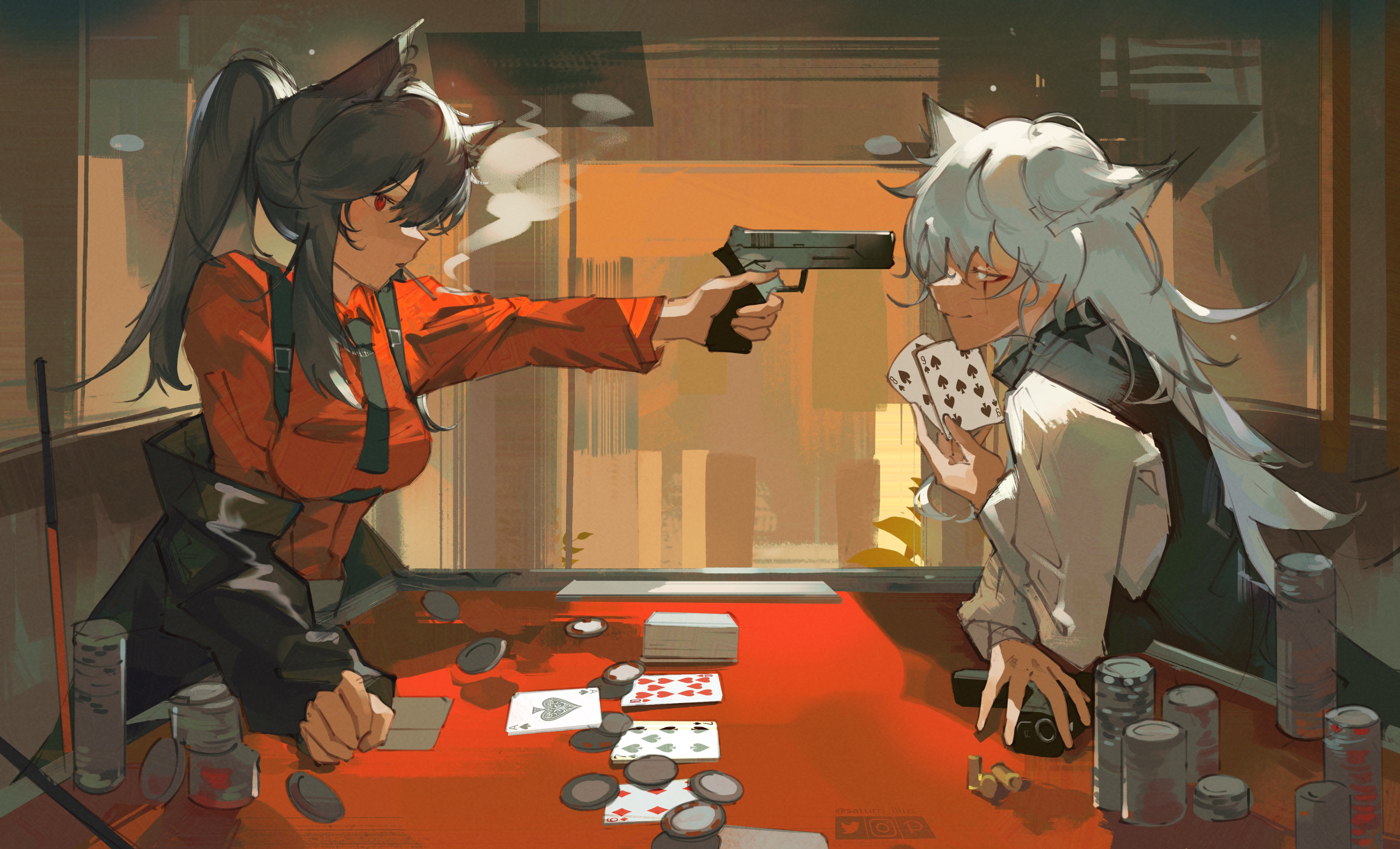 the artwork depicts a dramatic scene at a poker table. two anime girls, one with black hair and cat ears in a red jacket,  points a handgun at another girl with long white hair and cat ears who is holding playing cards.  the atmosphere is intense, suggesting a highstakes game or a confrontation.  the setting appears to be a dimly lit casino or backroom, with chips and cards scattered on the table.  the style is a blend of anime and realistic painting techniques, creating a visually striking and narrativerich piece.