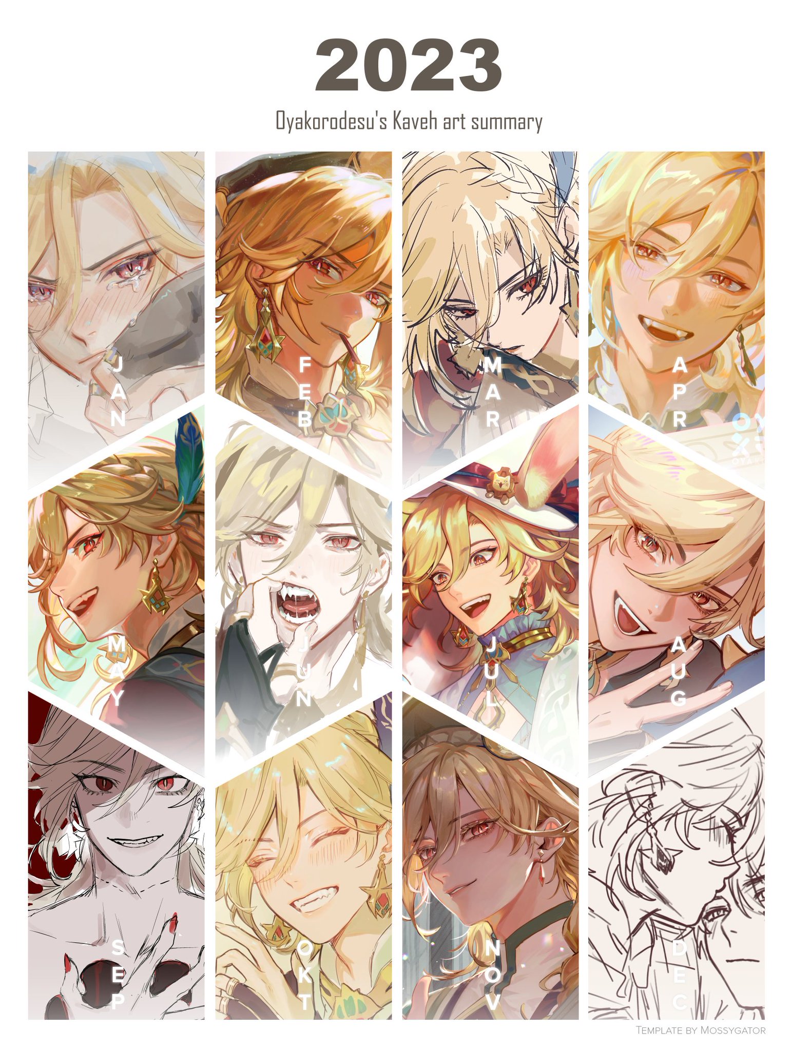 this is a calendarlike image featuring illustrations of the character kaveh from the game genshin impact. each illustration shows a different expression of kaveh, with a different month indicated by the image. the image also indicates the year "2023", and the caption "dyakorodesu's kaveh art summary".