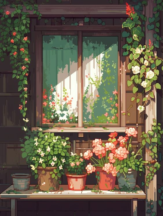 the image depicts a sundrenched corner of a house, likely a porch or veranda, adorned with various potted plants and flowers. a window, reflecting the lush greenery outside, takes center stage, flanked by climbing vines. the warm sunlight illuminates the scene, creating a serene and inviting atmosphere.