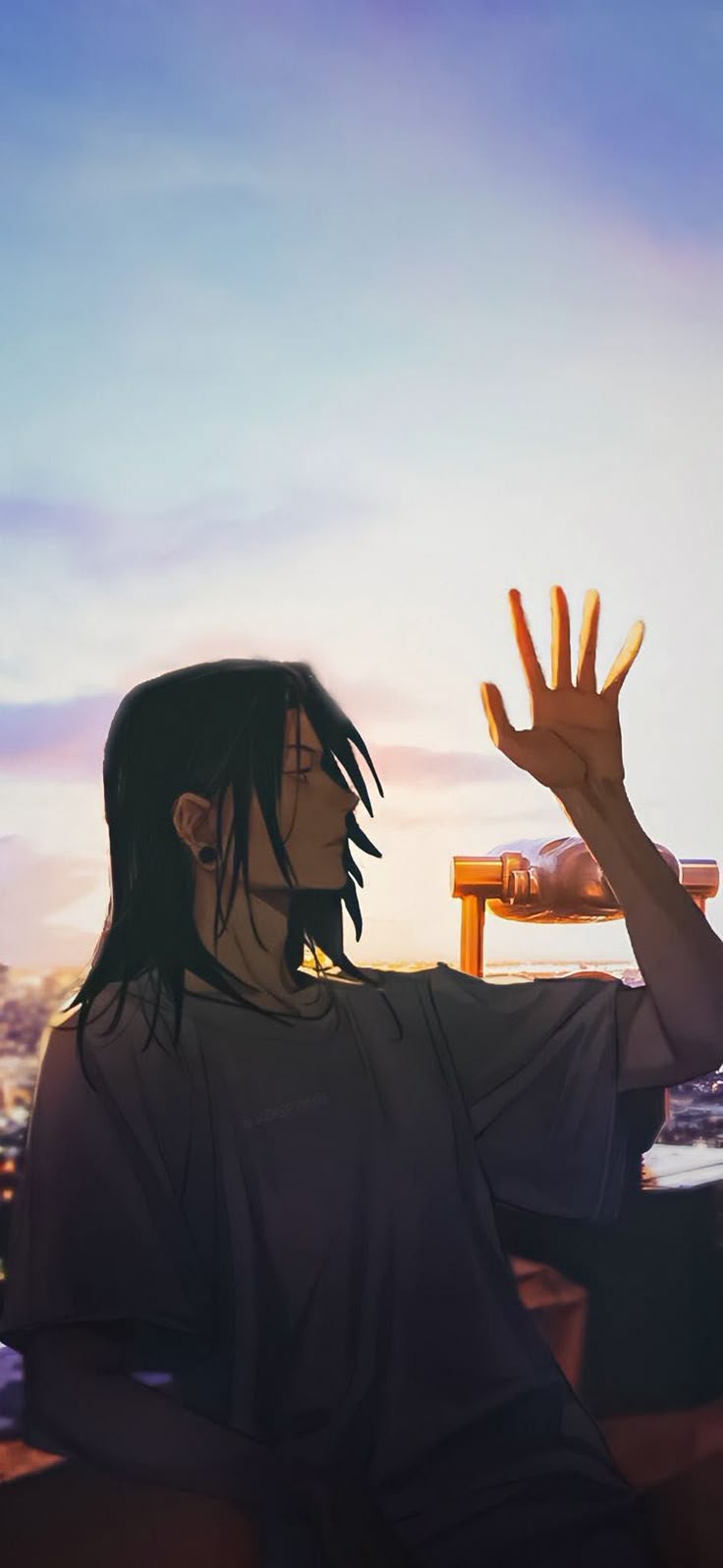 a digital art image of an anime man with long, dark hair and a tshirt, standing on a rooftop with a cityscape in the background. he is holding his hand up towards the setting sun. the sky is a mix of blues, purples, and oranges, indicating either sunrise or sunset.