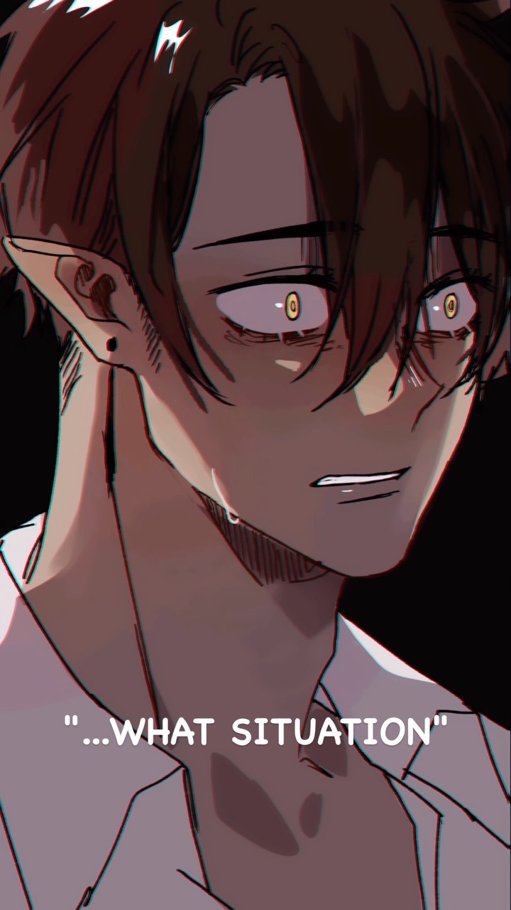 the image is a closeup illustration of an animestyle male character. he has brown hair, elflike ears, and is wearing a white collared shirt. his expression is one of intense fear, shock, and distress, with tears streaming down his face. the background is dark, and the text "...what situation" is overlaid on the image. the overall style is dramatic and emotional.