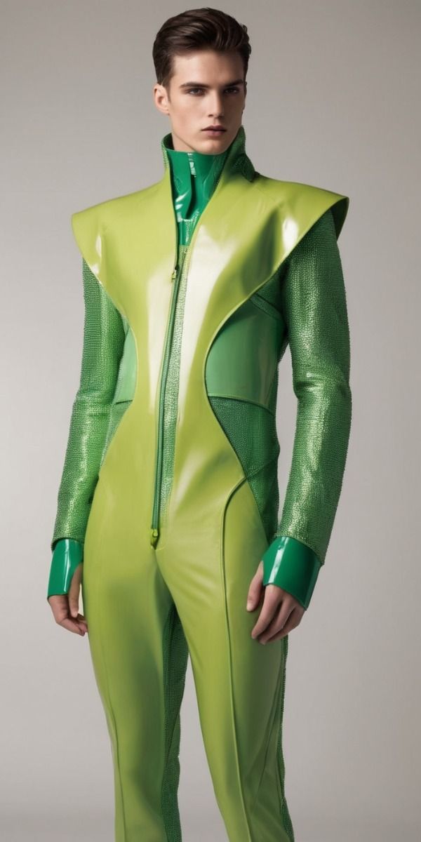 male model is showcasing a striking lime green jumpsuit. the jumpsuit features a glossy, almost futuristic, texture with shiny fabric. the design is contemporary and avantgarde, incorporating cutouts and a high collar. the model's pose and the jumpsuit's sleek lines emphasize its stylish and highfashion nature. the background is a simple, neutral shade to focus attention on the clothing. the overall aesthetic leans towards futuristic or highconcept fashion.