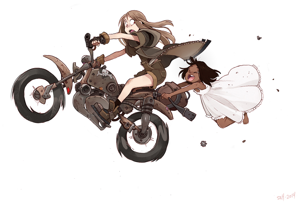 two girls are depicted on a ramshackle motorbike against a stark white background.  the driver, a girl with long brown hair, leans forward with a determined expression, her hand gripping the handlebars. behind her, a younger girl with dark skin and short hair clings excitedly, her dress billowing behind her.  the motorbike is rendered with a rugged, mechanical aesthetic, suggesting a postapocalyptic or adventurous setting. the overall impression is one of dynamic action and spirited escape.