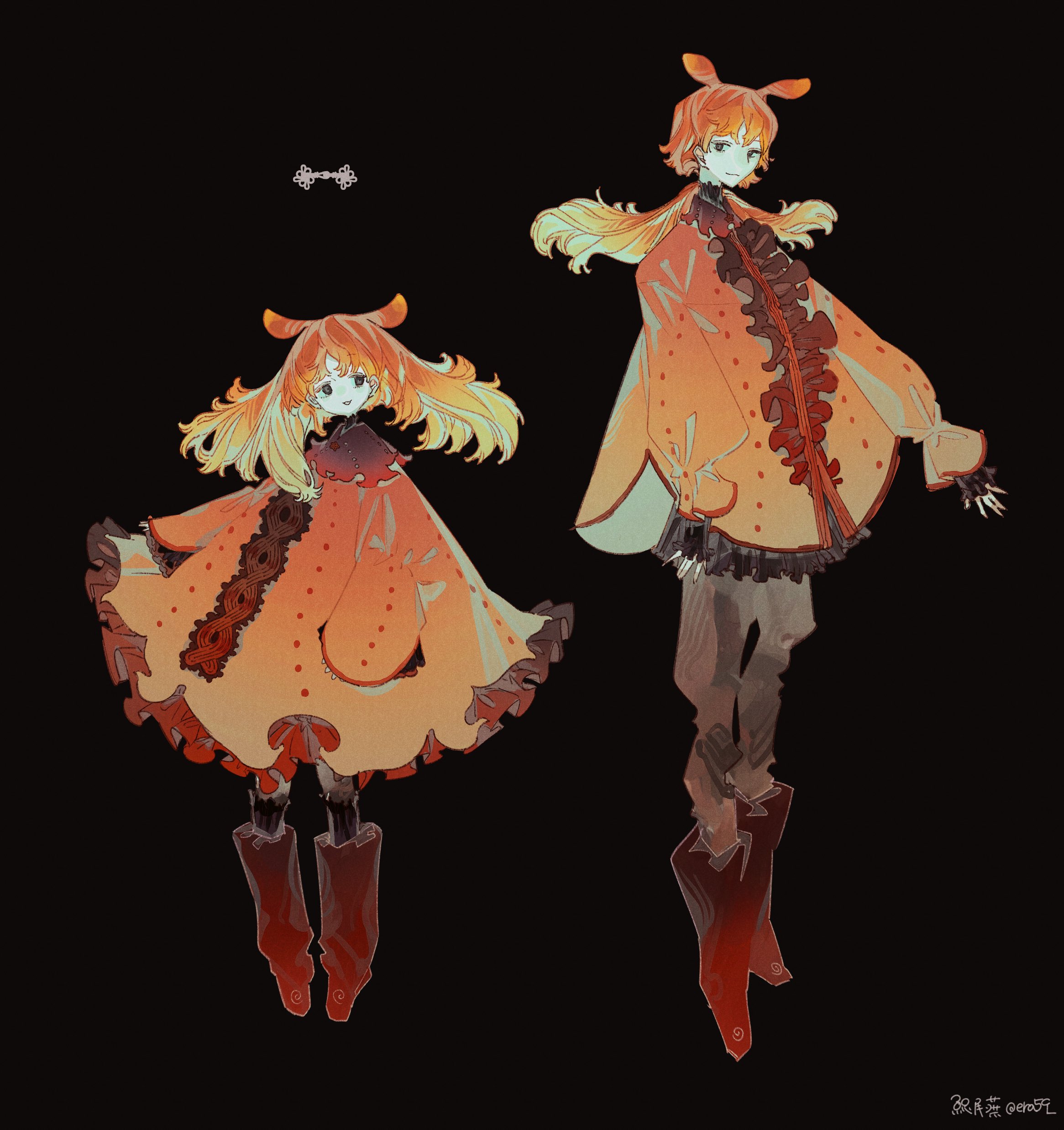 the image showcases digital artwork featuring two female characters, likely sisters or variations of the same design,  dressed in whimsical, orangetoned outfits. the attire is elaborate, incorporating capes and unique details suggesting a fantasy or fairytale theme. the characters have long, orange hair styled similarly. the smaller character's design is simpler than the taller one's more defined clothing and pose.  the background is a stark black, which allows the vibrant colors of the characters to stand out. there is a small, unidentifiable object (perhaps a symbol) floating above the shorter character's head. the style leans towards anime/manga, with a focus on expressive linework and color palettes. the overall artistic style is unique and stylized,  with a somewhat melancholic or dreamy feel. the artist's signature is visible in the bottom right corner.
