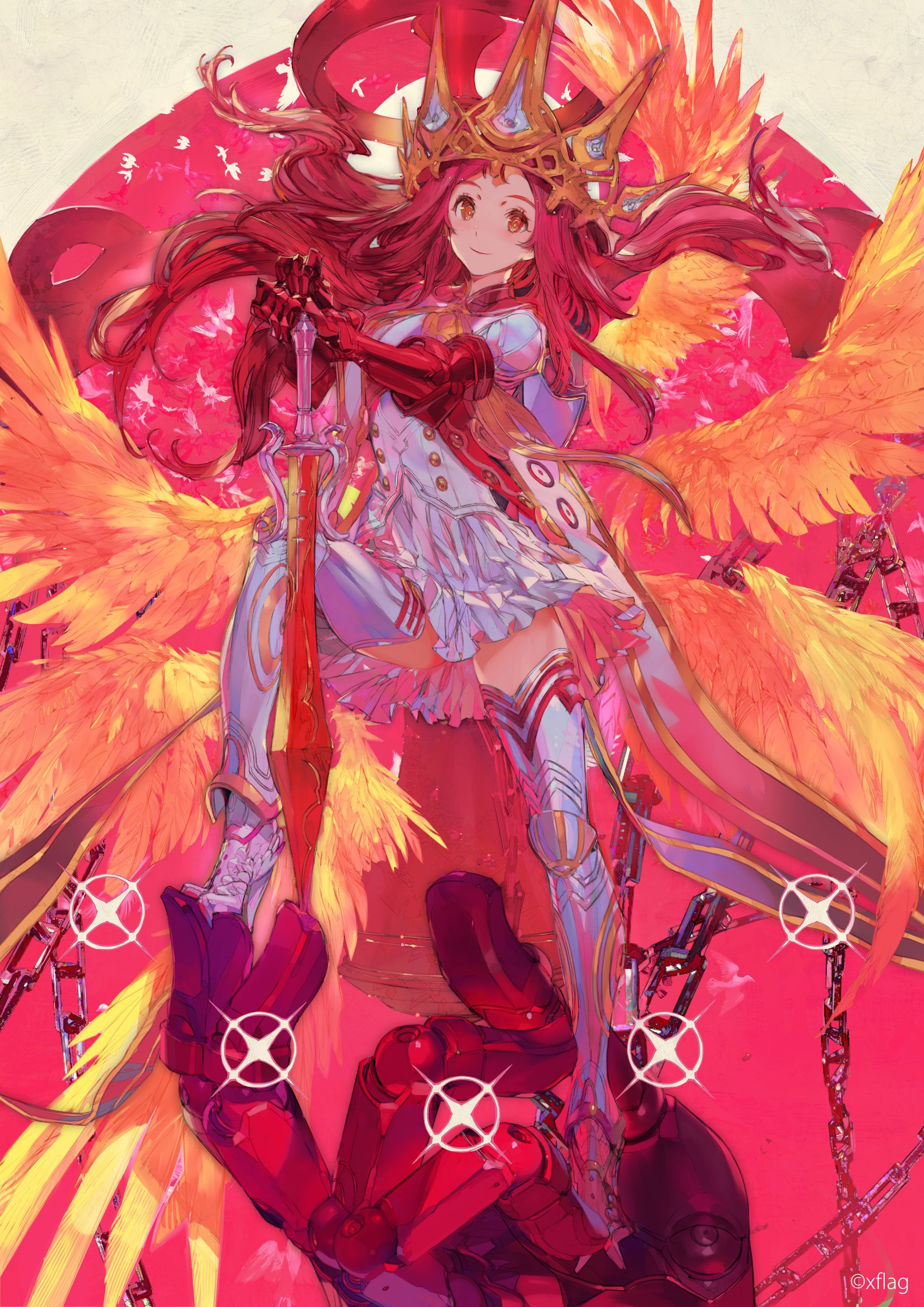 the image is a vibrant and dynamic piece of digital fantasy art. it depicts a young, animestyle female warrior or princess with long flowing red hair and large, brightly colored feathered wings (resembling those of a phoenix or similar mythical creature). she wears ornate armor and a crown, holding a long, red sword. the background is a mix of red and pink hues.  the figure appears elegant and powerful.  a portion of a red, mechanical entity or robot is partially visible in the lower portion of the artwork, linked to the winged girl through chains. the overall style is highly stylized and expressive. the artist's signature "oxflag" is visible in the bottom right corner.