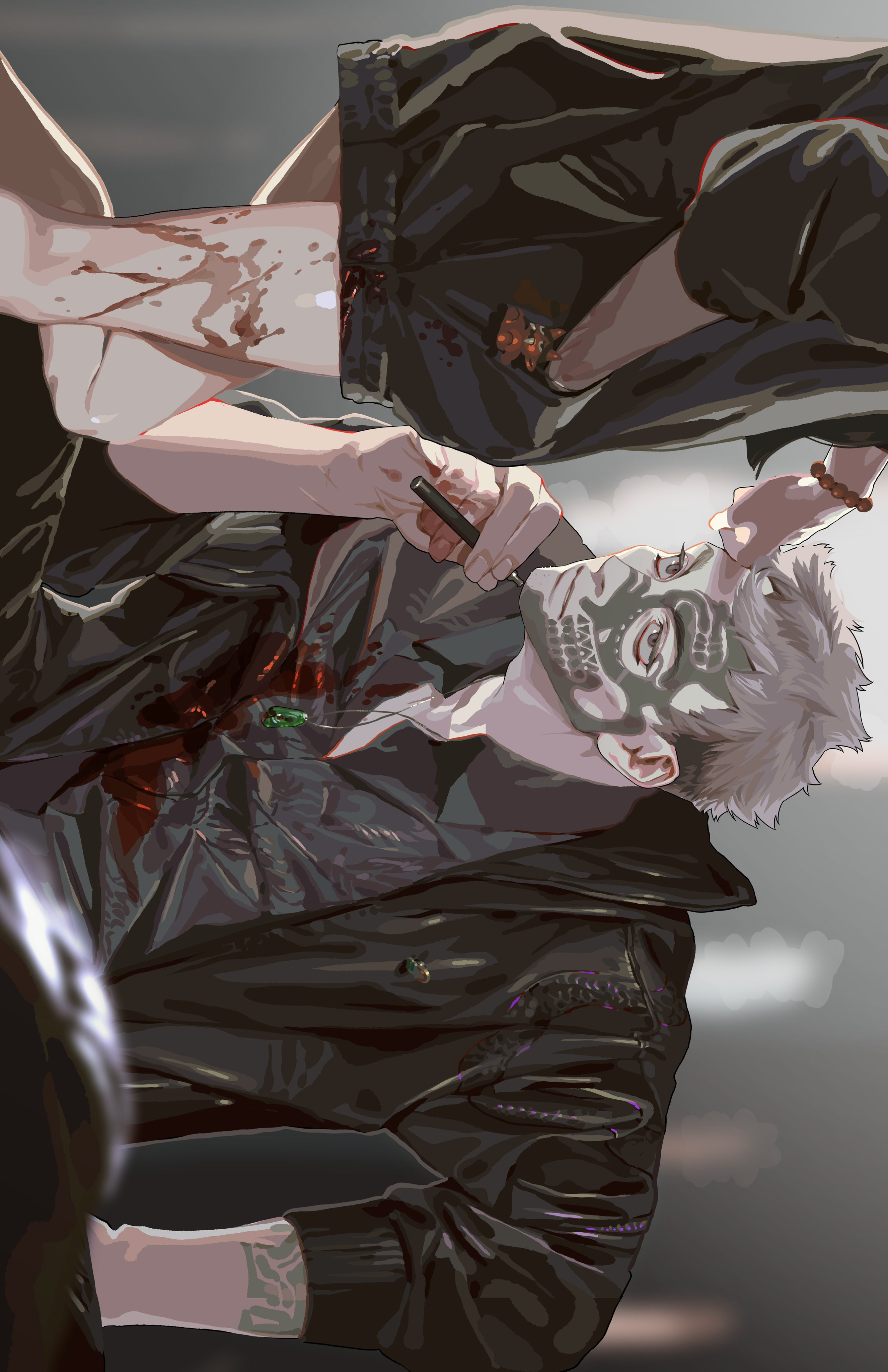 illustration of a man in a black jacket with blood and a green object on his chest and a mask on his face. he holds a gun to his face. above him, a person stands, and another person has a bloody leg.