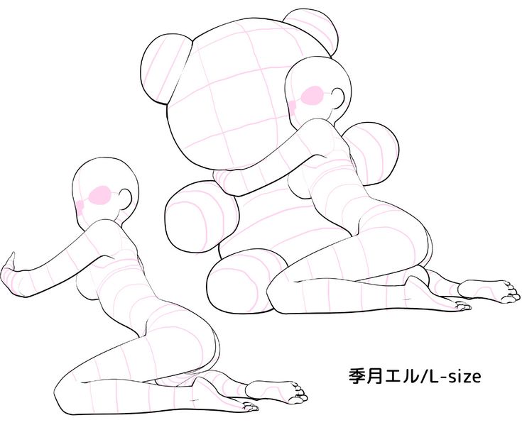 this image shows a line drawing of a girl in two different poses. the girl is kneeling in one pose and hugging a teddy bear in the other pose. the drawing is meant to be used as a reference for artists who are learning how to draw anime or manga characters. the image is simple and clean, and it includes guidelines to help artists understand the structure of the human body.
