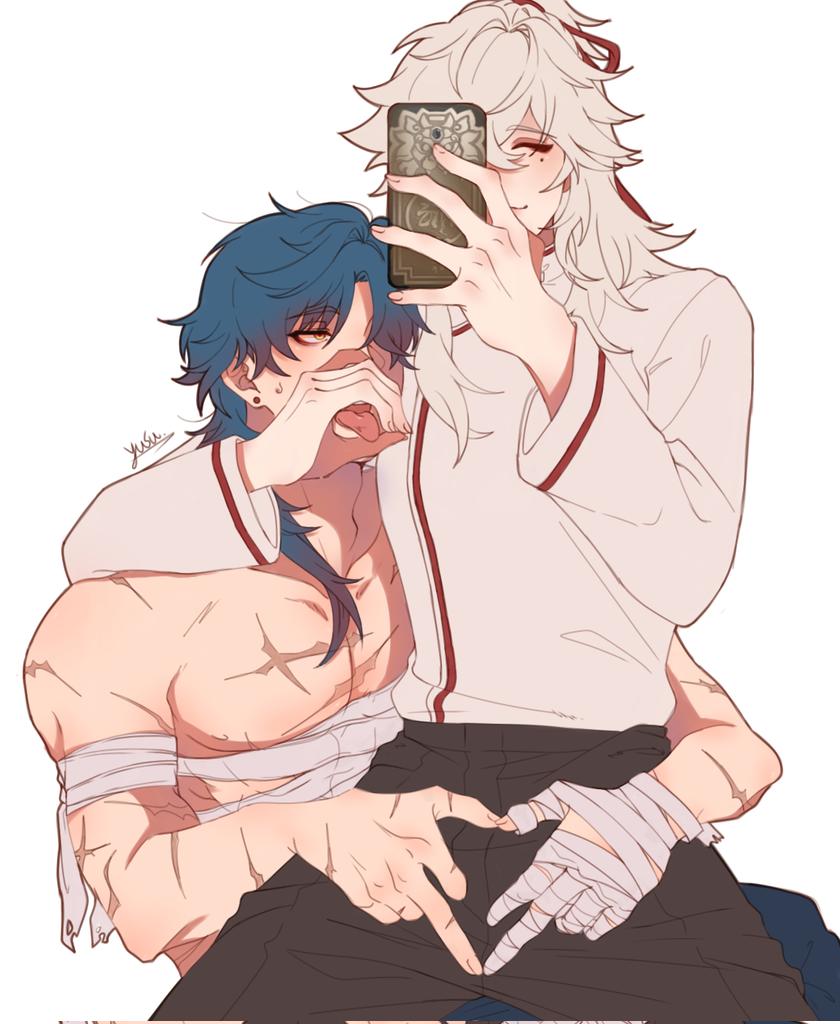 the image is a digital fanart depicting a romantic scene between two animestyle boys. one boy has long white hair and is wearing a white shirt, taking a selfie with a phone while hugging the other boy. the other boy has blue hair, is muscular, and has bandages on his arms, suggesting injuries.  they are in a close and intimate embrace, conveying affection and romantic feelings. the art style is soft and slightly hazy.