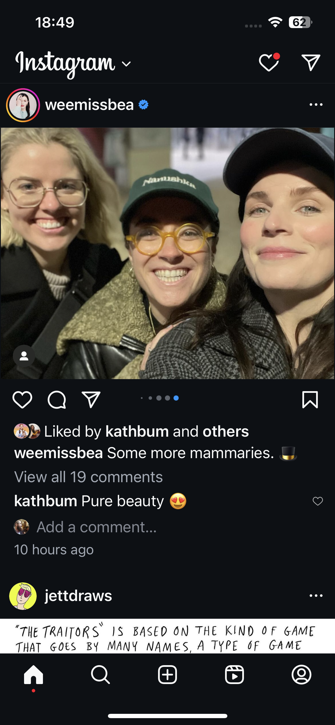 a screenshot of an instagram post showing three people taking a selfie. the person who posted the picture is "weemissbea." the comments section includes one from a user named "kathbum," and another from "jettdraws" who makes a comment about the tv show, "the traitors."