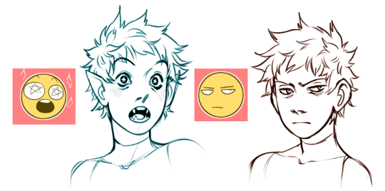 this image shows two different drawings of the same young man reacting to something with exaggerated facial expressions. the drawing on the left shows him with wide eyes, small blushing marks, and his mouth open in surprise while looking at a surprised emoji with star eyes. the drawing on the right shows the same young man with narrowed eyes, a flat mouth and a slight frown while looking at an unimpressed emoji. the left drawing is a blue line art sketch with no color aside from the blushing on his cheeks while the right drawing is line art in dark brown. both drawings show the young man from the shoulders up.