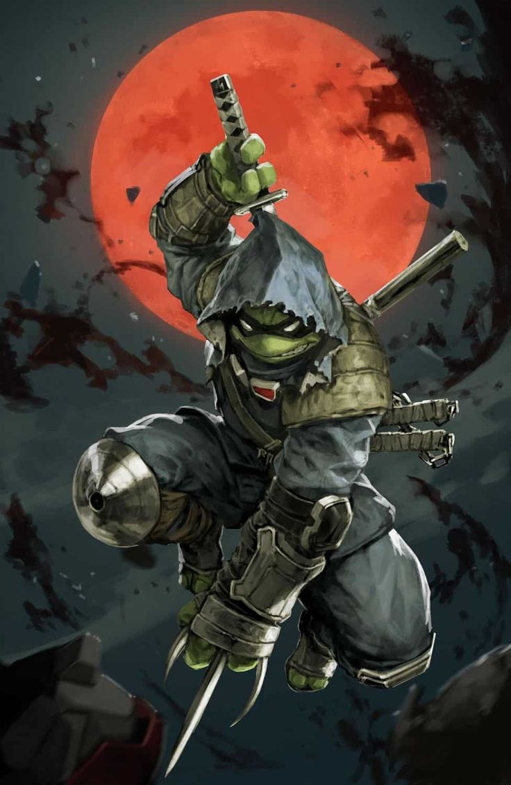 this is a digital painting of a ninja turtle, with a green face and body, wearing a blue ninja suit, a gray hooded cloak, and metal armor, holding a katana and a clawlike weapon, in a fighting pose, with a red moon in the background. the image has a dark and mysterious atmosphere.