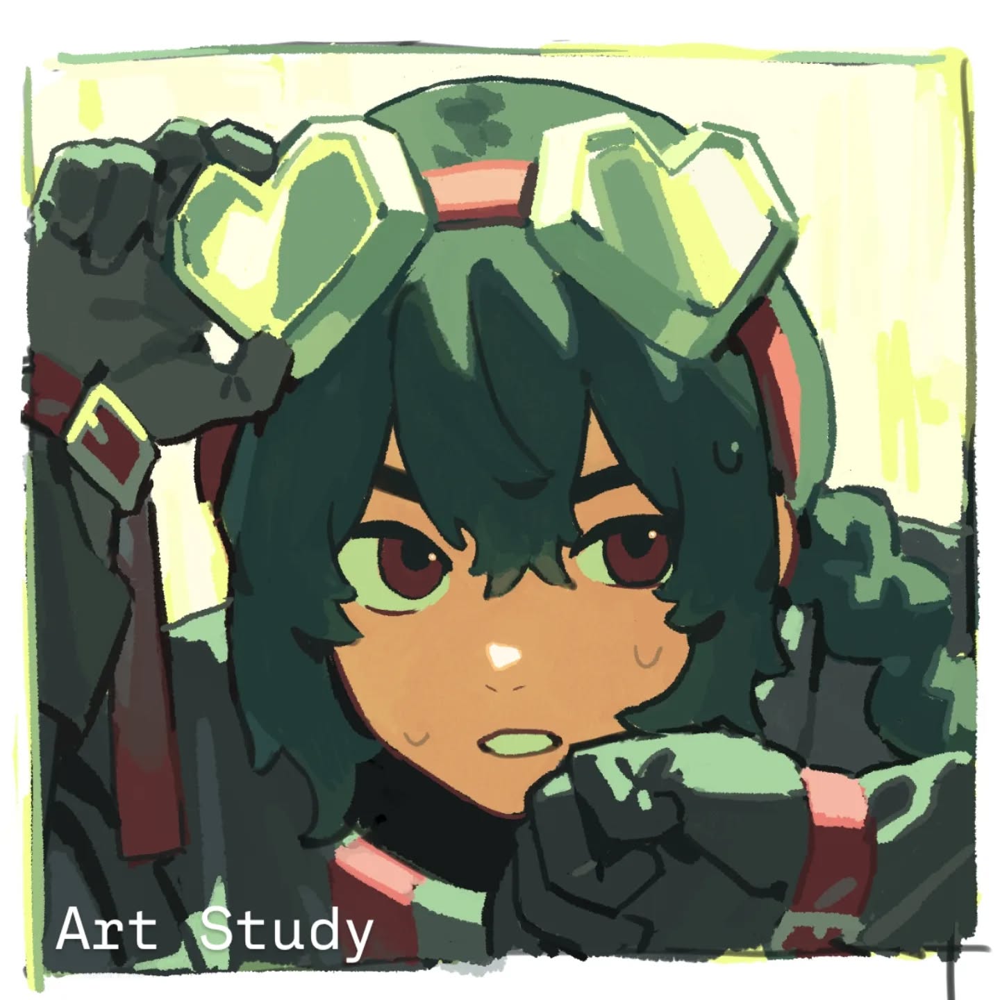 the image is a digital painting or illustration showcasing a closeup portrait of a stylized female character. she appears to be a young woman with dark brown skin and vibrant green hair, wearing heartshaped goggles that suggest a pilot or aviator theme. her attire is a dark, possibly futuristic, outfit with hints of red and grey. the art style leans towards anime or cartoonish, but with a more painterly and textured approach. the background is simple, with a muted yellowgreen wash, focusing attention on the character. the overall expression of the character is one of determination and focus.  the text "art study" is included at the bottom, suggesting this piece is a practice or experimental work.