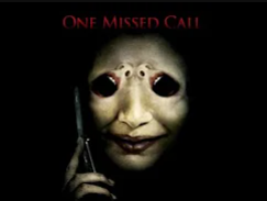 the image is a movie poster for the film "one missed call." the poster is dark and features a closeup of a creepy face with four eyes and a pale complexion. the face appears to be female and has a sinister smile. the face is holding a cell phone to its ear. the title of the film, "one missed call," is written in red letters at the top of the poster. the overall effect is one of horror and suspense.