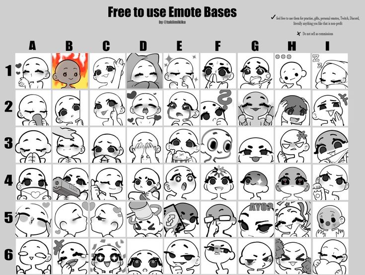 he image contains a grid of 36 chibistyle emote bases, categorized into letters a through i and numbers 1 through 6. each square displays a different facial expression or pose, suitable for creating various emotes.  the bases are free to use for nonprofit purposes, such as practice, gifts, personal emotes for platforms like twitch and discord.  the creator's handle, @takiimikiku, is also shown.  the image provides instructions and restrictions on the use of the bases, specifying nonprofit use and prohibiting resale.