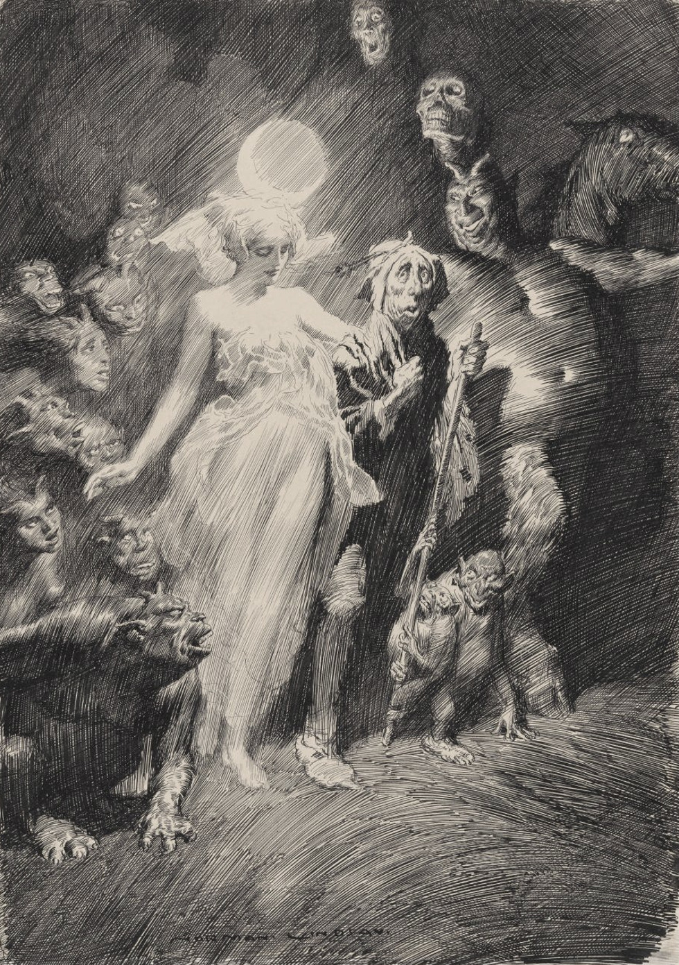 a woman in a flowing white gown stands in a dark, cavelike environment, surrounded by grotesque creatures.  she seems to emit a bright light, possibly moonlight, illuminating herself and casting dramatic shadows on the figures around her. the creatures appear to be part human, part animal, with exaggerated features and menacing expressions.
