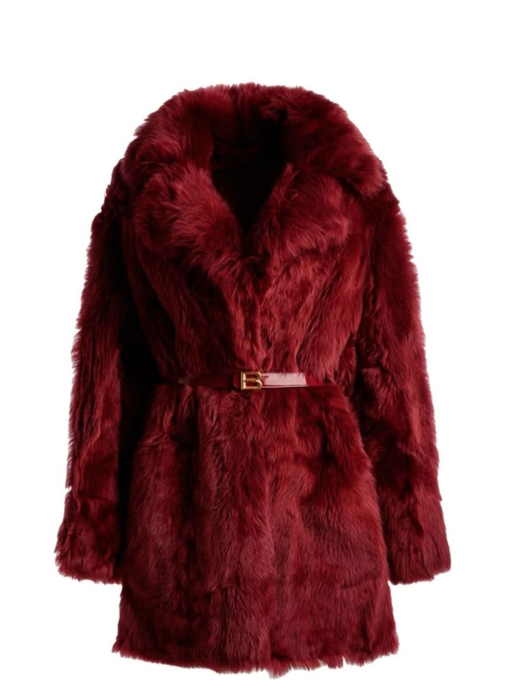 a marooncolored fur coat with a belt is displayed on a white background. the belt is a lighter shade of red with a gold buckle. the coat has a wide collar and appears soft and plush.