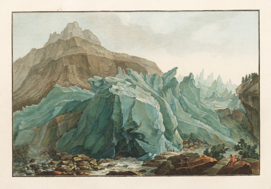 the image shows a landscape painting of a glacier with mountains in the background. a stream runs through the foreground, with rocks scattered around. there are also several people in the scene, including a couple sitting on a rock in the lower right corner. the glacier appears to be large and imposing, with jagged peaks of ice. the mountains in the background are tall and rugged. the overall impression is one of a remote and wild place.