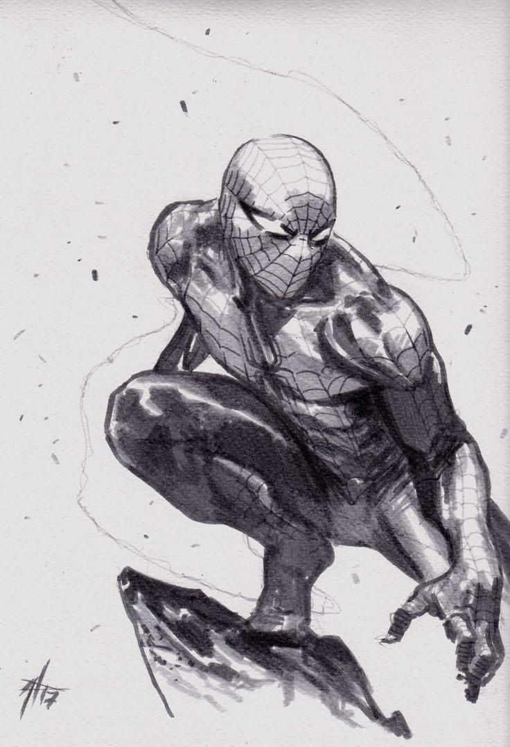 a black and white drawing of spiderman, with a web design on his suit and mask, crouched and ready to swing. the illustration is done in black ink on a white background with a few faint lines representing webs. there are tiny flecks of ink splattered around the drawing.