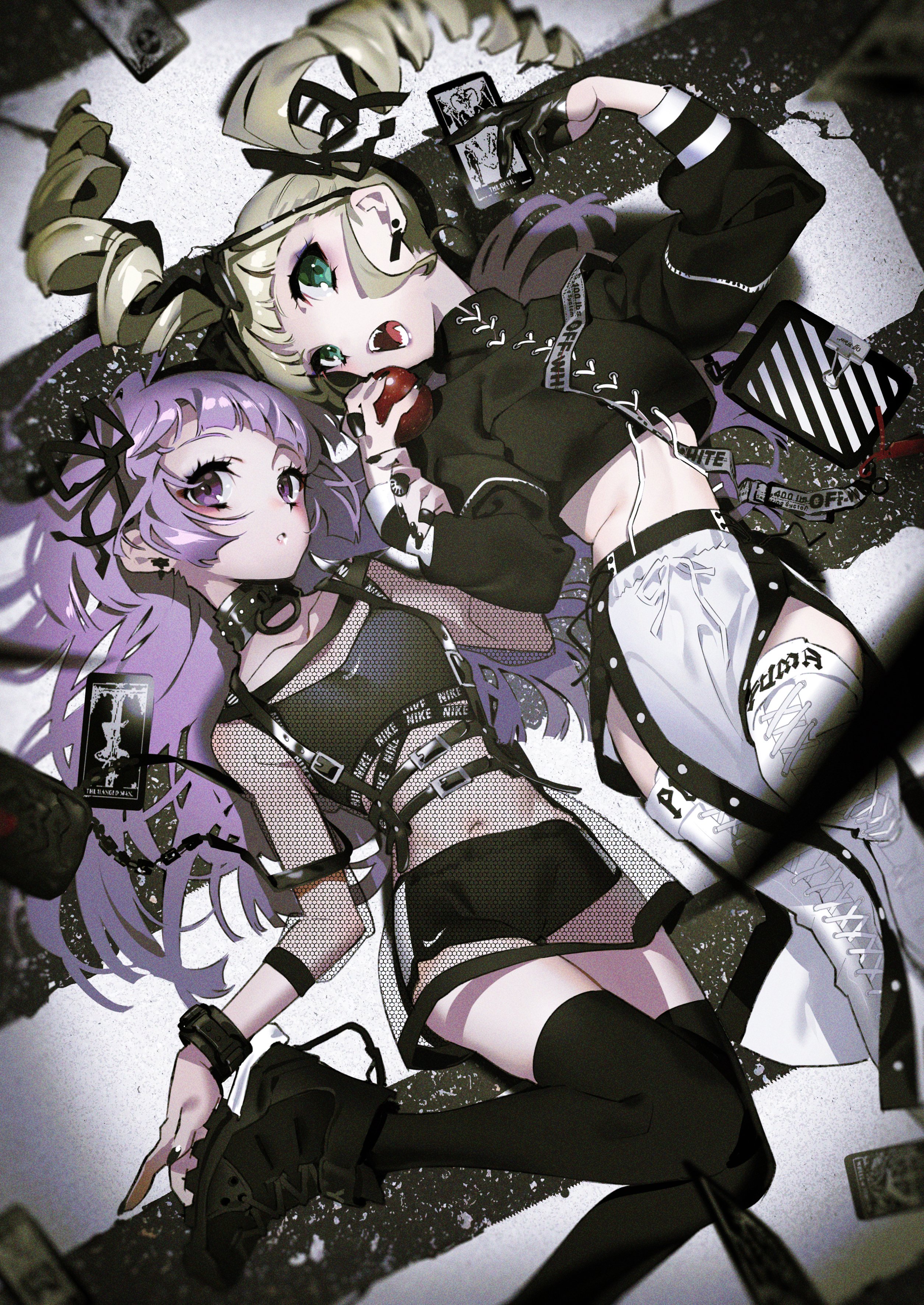 the image showcases two animestyle girls dressed in edgy streetwear fashion, lying on a stylized black and white surface. the girl on the left has purple hair styled in twintails adorned with a black bow, while the girl on the right sports blonde twintails. they are both dressed in black and white clothing featuring fishnet elements, chokers, and chunky boots. the background is abstract and features scattered playing cards, further enhancing the edgy aesthetic. the soft, artificial lighting emphasizes the girls' features and creates a slightly melancholic atmosphere.