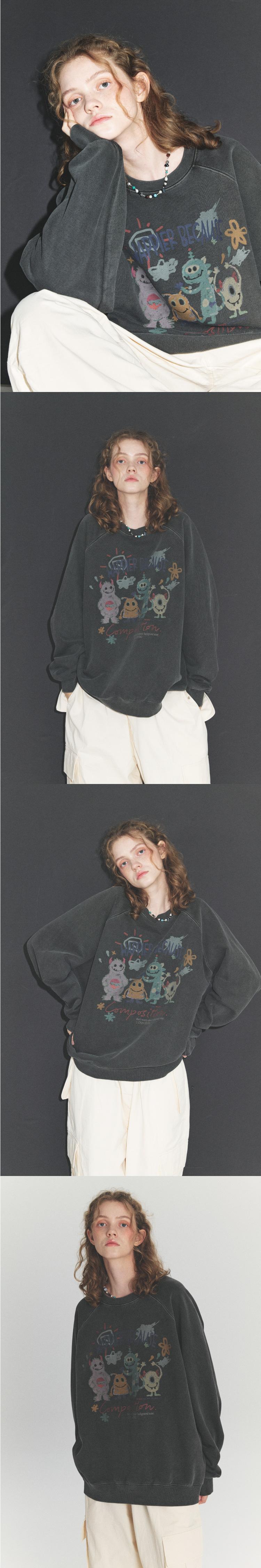 the image shows a woman in a gray sweatshirt with white pants. the background is a dark gray studio backdrop. the image is composed of four shots of the same woman in different poses. the first one is a medium shot where she's leaning her face on her hand. the second shot is a full length image, the third one is another full length, and the fourth one is a medium shot. she's looking at the camera in all the shots.