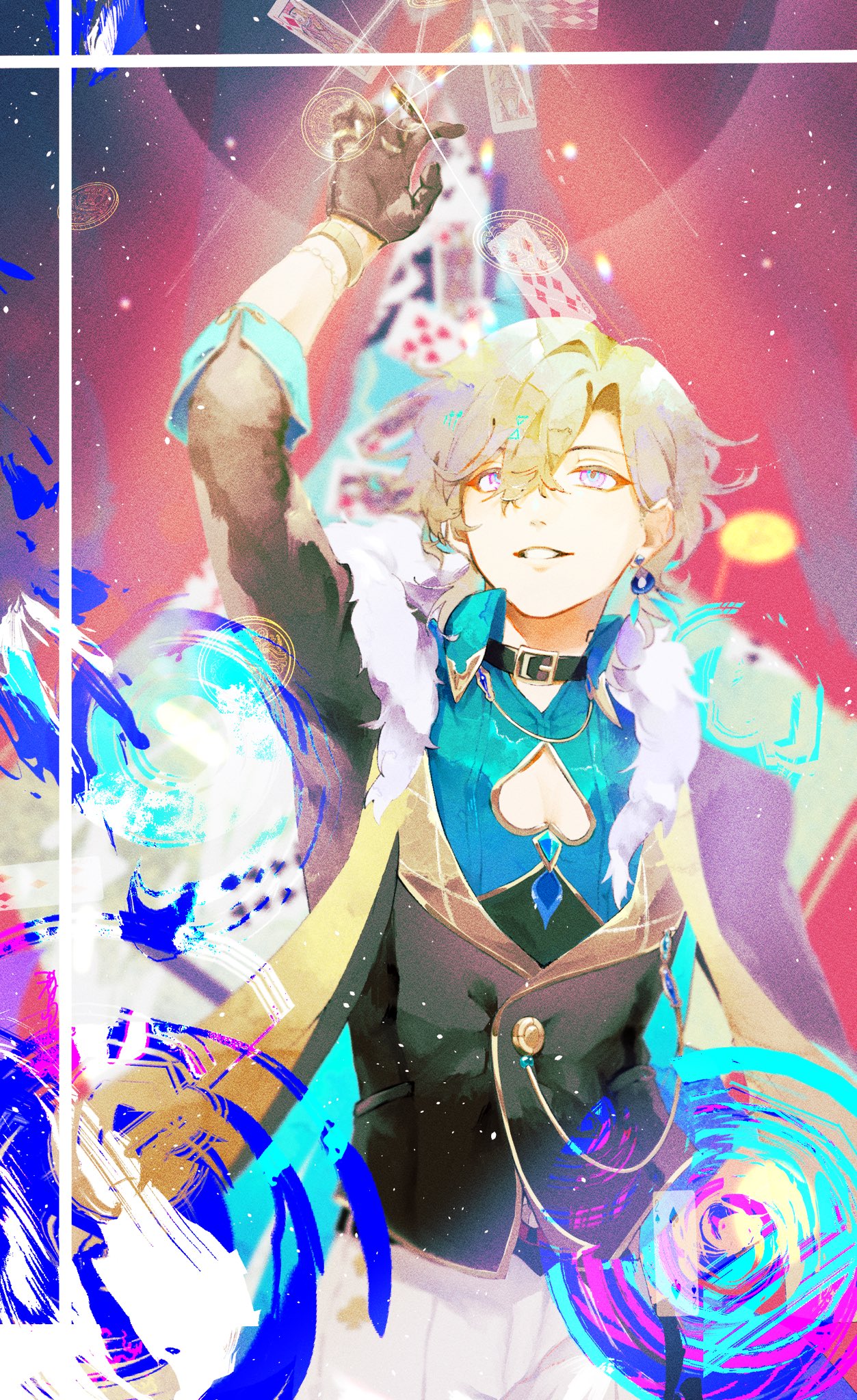 the image is a vibrant digital fanart depicting a young, smiling animestyle male character.  he has blond hair, purple eyes, and is dressed in a stylized, magical outfit featuring teal and gold colors, a dark waistcoat, and a feathered collar. he appears to be performing a card trick, holding aloft several playing cards with one hand, while surrounded by swirling, abstract designs and sparkles that create a cosmic and magical atmosphere. the background is abstract and uses a mix of bright colors. the overall style is dynamic and expressive.