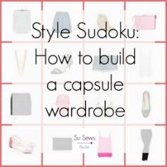 the image is a guide for how to build a capsule wardrobe, designed in a style sudoku layout. it includes various clothing items and accessories, such as tops, skirts, heels, leggings, a purse, and a tank top. the title reads "style sudoku: how to build a capsule wardrobe."