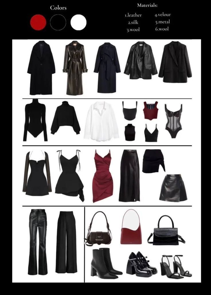 the image shows a variety of women's clothing items in a coordinated color palette of black, red, and white. the image also includes bags and shoes. garments include coats, tops, skirts, dresses, and pants. the available fabrics are leather, silk, wool, metal and velvet.