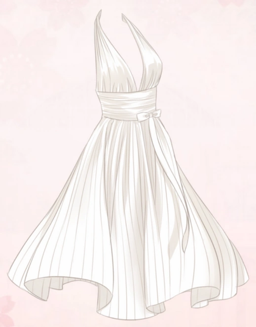 a sketch of a white halter dress. the dress has a pleated aline skirt and is tied at the waist with a ribbon.