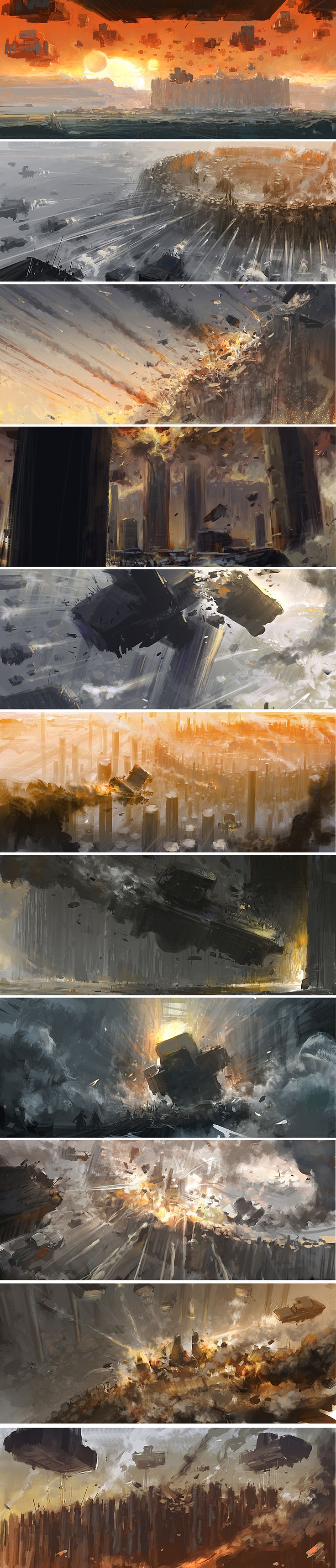 he image is a series of panels depicting a catastrophic event, possibly an apocalypse or largescale war. each panel shows different stages of destruction, from initial bombardment to widespread devastation of a city. the style is painterly and dramatic, using dark and muted colors to highlight the intensity of the event.  there are indications of both aerial and groundbased attacks, leading to the complete collapse and ruin of a highly populated area. the overall feeling is one of immense power and the total annihilation of a civilization.